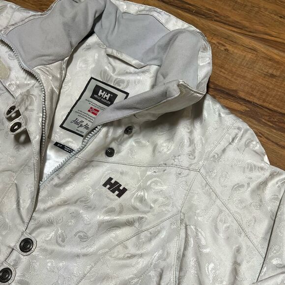 Helly Hansen Vtg White Gold Floral Parka Puffer Hood Hilton Winter Ski Jacket S - Picture 3 of 12